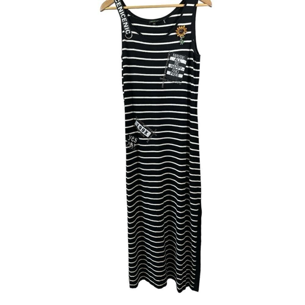 TRICOTTO Women's Striped Graphic Beaded Maxi Dress Black/White Size Medium